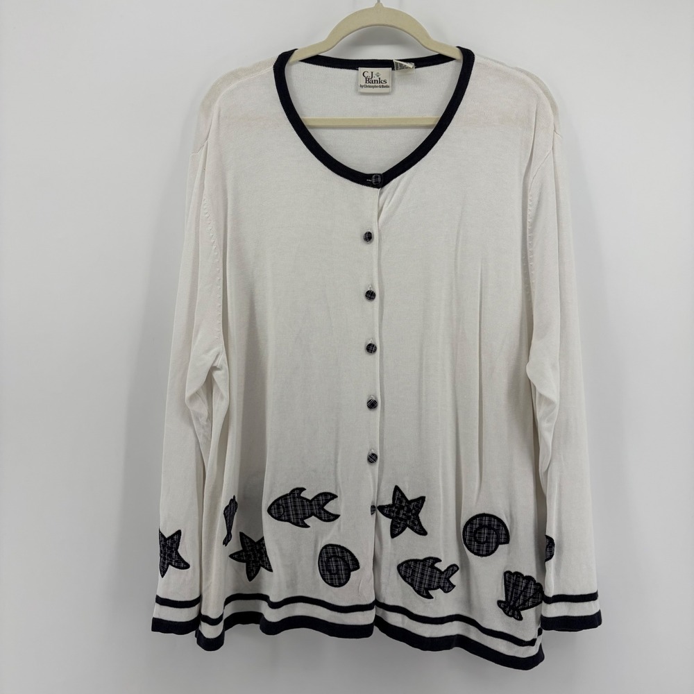 C.J. Banks Womens 2X White Nautical Cardigan Fish Shells Embroidered Ramie Blend